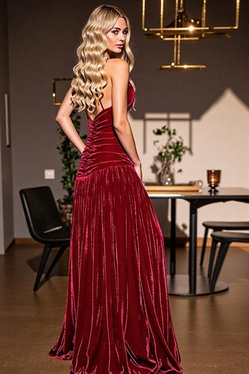 Burgundy Ruffled Halter A Line Party Dress